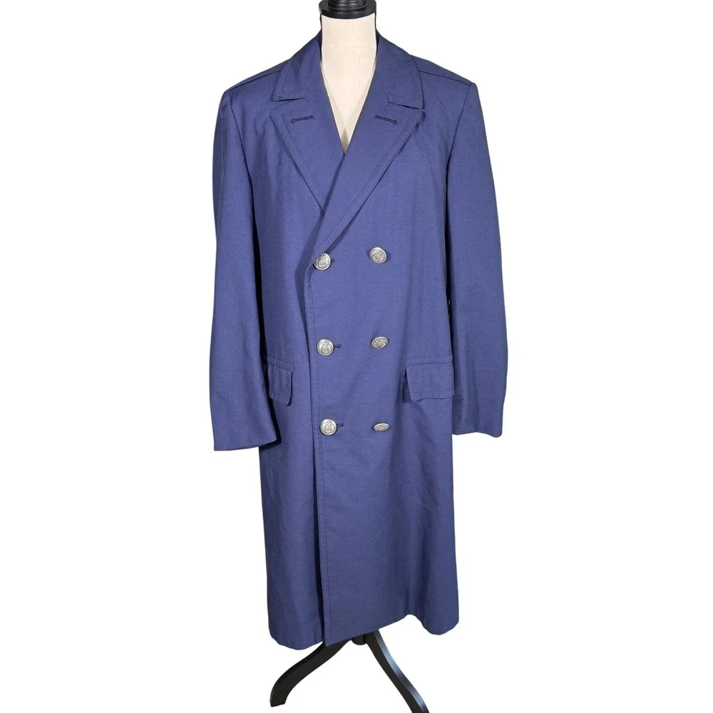 VTG US Air Force Style Wool Navy Blue Double Breasted Overcoat Crest Buttons 39R